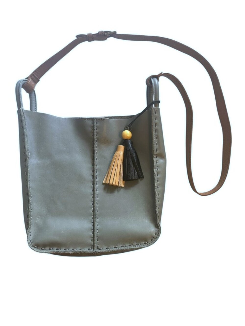 The Sak Loz Feliz Tote Bag Gray Leather Tasseled Roomy Minimalist Boho Purse